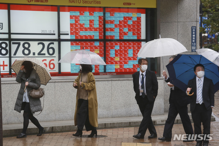 [도쿄(일본)=AP/뉴시스]8일 일본 도쿄의 한 증권사 전광판 앞을 시민들이 지나가고 있다. 이날 도쿄증시에서 주요 지수는 상승 마감했다. 2021.12.08.
