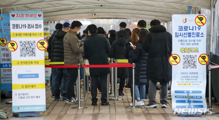 [서울=뉴시스] 정병혁 기자 = 0시 기준 국내 코로나19 신규 확진자가 7850명으로 집계된 15일 오전 서울 중구 서울광장에 설치된 임시선별검사소를 찾은 시민들이 줄을 서 있다. 2021.12.15. jhope@newsis.com