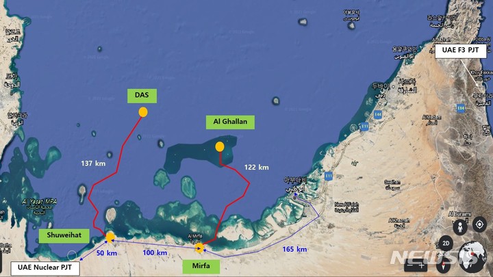 [서울=뉴시스] UAE 초고압직류송전(HVDC) 해저송전망 위치도.