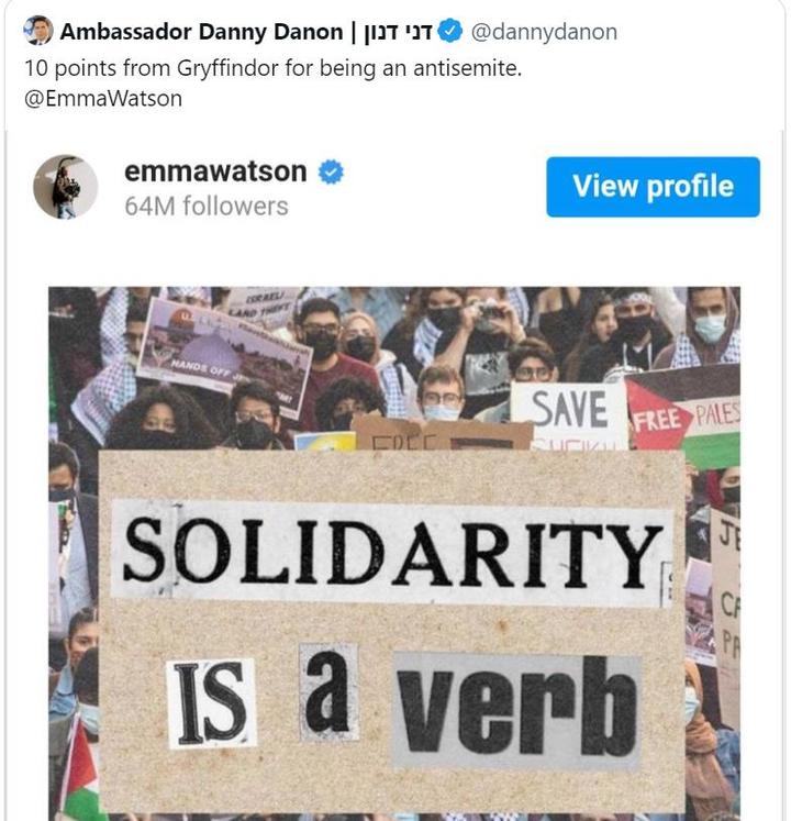 [서울=뉴시스] 대니 다논 전(前) 유엔(UN) 주재 이스라엘 대사가 소셜미디어(SNS) 트위터를 통해 엠마 왓슨이 지난 3일 연대 관련 사진과 글을 게시한 것을 두고 규탄하고 있다. (출처 : 트위터 갈무리) 2022.01.06. *재판매 및 DB 금지