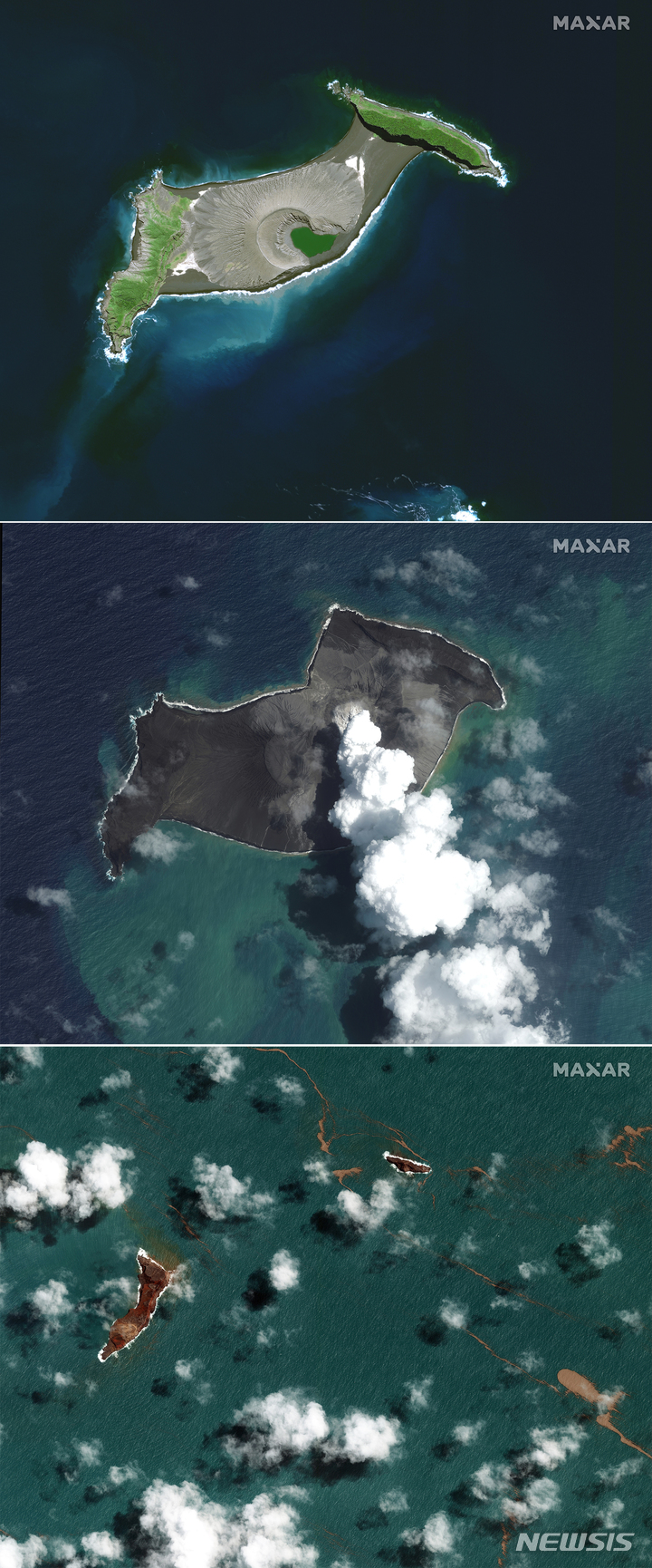 [AP/뉴시스] 맥사 테크놀로지가 제공한 남태평양 섬나라 통가의 위성 사진으로 위에서부터 지난해 4월10일, 올해 1월6일, 그리고 해저 화산 폭발 이후인 1월18일자 사진이다. 이번 해저 화산 폭발은 30년 만의 최대 규모로 추정된다. 2022.01.19.