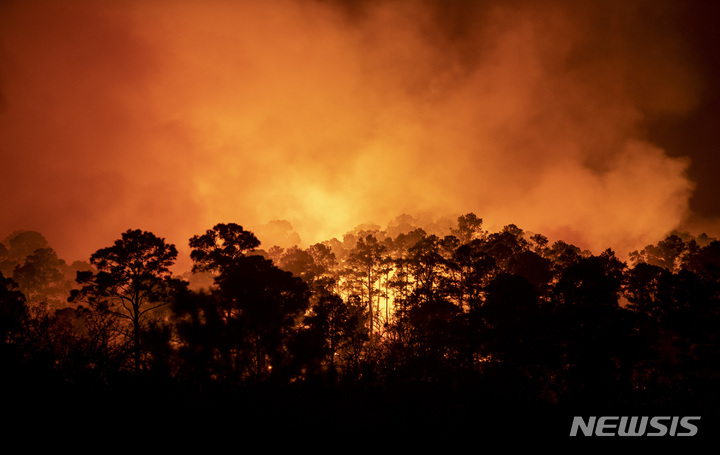 [칼리지 스테이션( 미 텍사스주)= AP/뉴시스] 텍사스주 배스트롭 주립공원에서 18일 저녁에 시작된 산불로 일대의 주민 수십 가구가 긴급대피했다.   