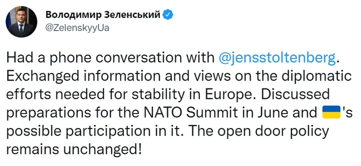 [워싱턴=뉴시스]6월 북대서양조약기구(NATO·나토) 정상회의 참여 가능성을 거론한 볼로디미르 젤렌스키 우크라이나 대통령 트위터. 2022.01.19. *재판매 및 DB 금지