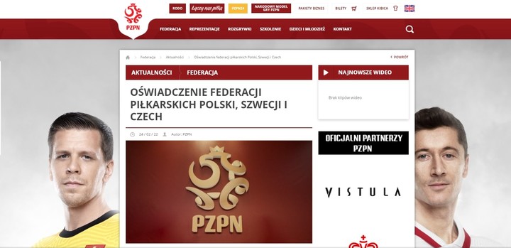 폴란드와 스웨덴, 체코축구협회가 러시아에서 FIFA 월드컵 유럽지역 예선 플레이오프 경기가 열려서는 안 된다는 공동성명을 발표했다. (출처=폴란드축구협회 홈페이지) 2022.02.25. *재판매 및 DB 금지