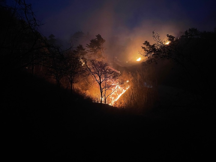 25일 발생한 전남 구례군 간전면 효곡리 야산 산불이 야간 시간 산림을 태우고 있다. 산림청 제공 *재판매 및 DB 금지