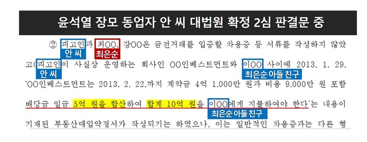 [서울=뉴시스] 더불어민주당 선거대책위원회 현안대응TF가 7일 윤석열 후보 장모 최씨가 동업자 안씨에게 2013년 연 환산 1460%에 달하는 고리사채로 돈을 빌려준 것으로 드러났다고 밝혔다. 2022.03.07. (사진=현안TF 자료 캡처) *재판매 및 DB 금지