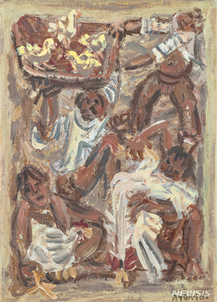 [서울=뉴시스]이중섭, 닭과 가족, oil on paper 36×26cm , 1954~1955
