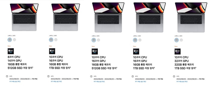 맥북 프로 14형(왼쪽 2개)과 16형의 애플 온라인스토어 구매 화면. 모든 제품의 구매 예정일이 6월 이후로 안내되어 있다. (사진=애플스토어 캡처) *재판매 및 DB 금지