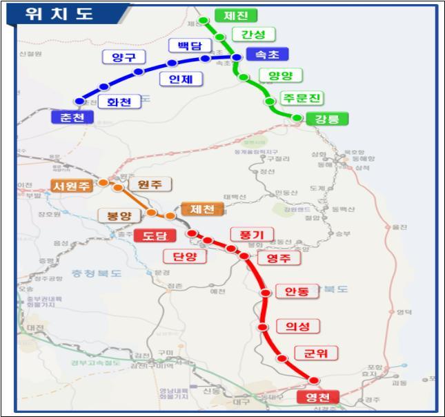[서울=뉴시스] 홍찬선 기자 = 지도는 이번 강원권 4개철도 사업 위치도. (지도=국가철도공단 제공) 2022.05.09. photo@newsis.com *재판매 및 DB 금지
