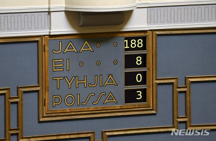 [헬싱키=AP/뉴시스] 17일(현지시간) 핀란드 헬싱키에서 열린 핀란드 의회에서 나토 회원국 가입 투표 결과가 보이고 있다. 2022.05.18.