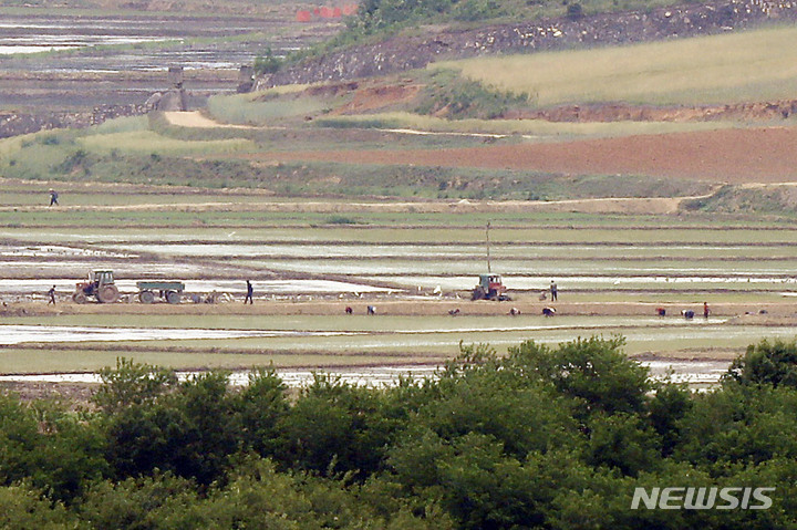 [파주=뉴시스] 최동준 기자 = 25일 경기 파주시 접경지역에서 바라본 북한 개풍군 마을에 주민들이 논농사를 짓고 있다. 2022.05.25. photocdj@newsis.com