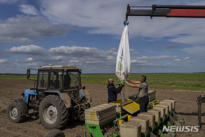[하르키우( 우크라인) = AP/뉴시스] 우크라이나의 하르키우시 교외의 테르카스카 로조바 지역 농민들이 전쟁 중에도 28일 밭에 해바라기씨를 파종하기 위해 준비하고 있다.  러시아군의 항구점령으로 5월 현재 우크라이나 곡물의 절반이 외국에 전달되지 못하고 있으며 경작지도 큰 피해를 입어 세계 식량난이 가속화되고 있다.  