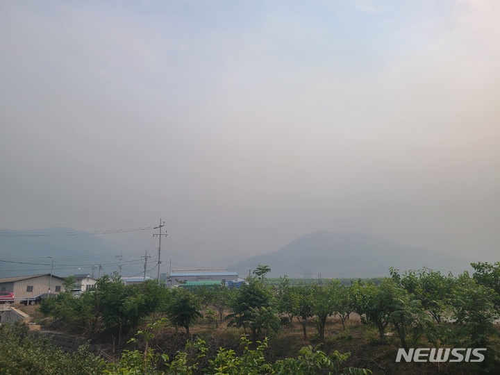 [밀양=뉴시스] 안지율 기자 = 경남 밀양 산불이 이틀째 이어지고 있는 1일 오전 밀양시 부북면 춘화리 산 41 일원에 자욱한 연기와 함께 안개까지 시야를 가리면서 공중 진화에 어려움을 겪고 있다. 2022.06.01. alk9935@newsis.com