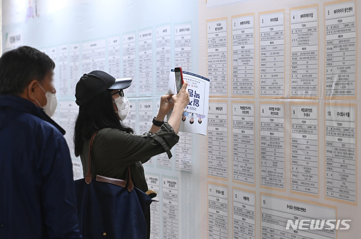 [용인=뉴시스] 김종택기자 = 경기도 용인시 처인구 용인미르스타디움에서 열린 '2022 용인시 일자리박람회'를 찾은 구직자들이 취업정보 게시판을 살펴보고 있다. 2022.06.15. jtk@newsis.com