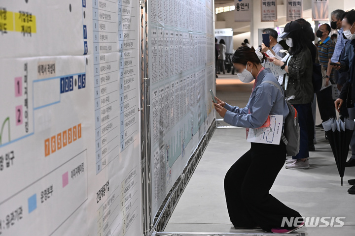 [서울=뉴시스] 일자리박람회'를 찾은 구직자들이 취업정보 게시판을 살펴보고 있다. (사진=뉴시스 DB). photo@newsis.com 