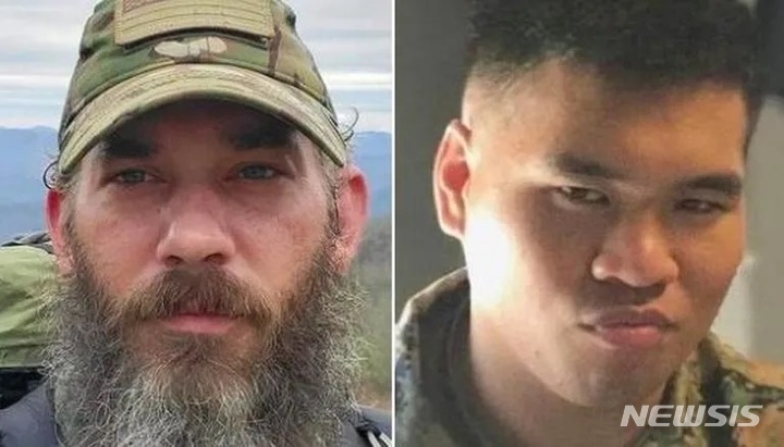 [서울=뉴시스]우크라이나 전쟁에 참전했다 러시아군에 생포된 것으로 알려진 전직 미군 출신 알렉산더 드루크(왼쪽)와 앤디 후인. (사진=트위터 캡처) 2022.06.21.