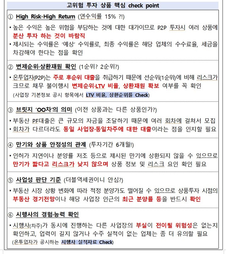 [서울=뉴시스] P2P 투자 체크포인트 (자료=금융감독원) photo@newsis.com *재판매 및 DB 금지
