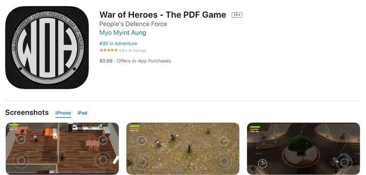 [서울=뉴시스] 지난 3월 출시한 미얀마 전쟁 게임 '워 오브 히어로스'는 출시 직후 애플 앱 스토어 게임 순위 10위권에 진입했다. (사진=애플 앱 스토어 페이지 캡처) 2022.07.21. *재판매 및 DB 금지