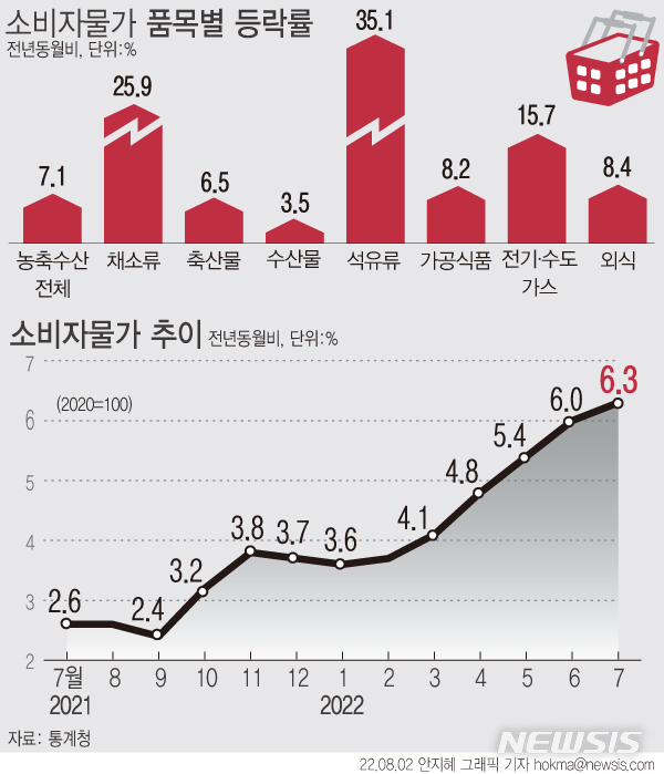 [서울=뉴시스] 7월 물가 상승률이 6.3% 오르며 2개월 연속 6%대 상승률을 기록했다. 석유류와 외식 등 개인서비스 가격 강세가 지속되는 가운데 농축산물 오름 폭도 커졌다. (그래픽=안지혜 기자) hokma@newsis.com