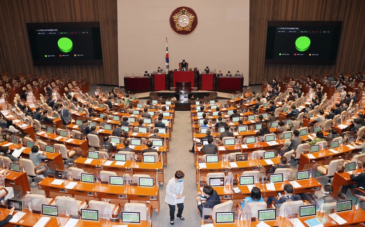 [서울=뉴시스] 고범준 기자 = 2일 서울 여의도 국회에서 열린 제398회 국회(임시회) 제8차 본회의에서 소득세법 일부개정법률안(대안)이 재석 245인 찬성243인 반대 1인 기권1인으로 가결되고 있다. (공동취재사진) 2022.08.02. photo@newsis.com