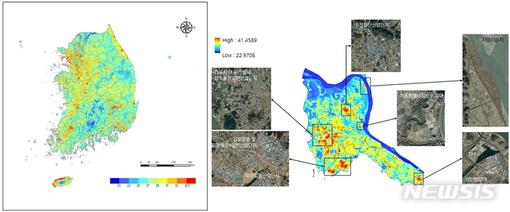 [세종=뉴시스] 전국 여름철 지표온도지도(左)와 김포시의 항공사진 비교 사례(右). (자료= 국립환경과학원 제공) 2022.08.21. 