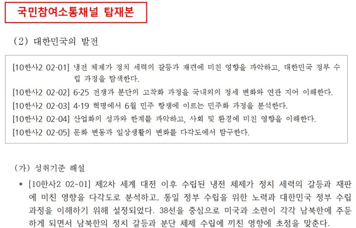 [세종=뉴시스] 교육부가 공개한 2022 개정 교육과정 시안 고교 '한국사Ⅱ' 중 일부. (자료=교육부 제공). 2022.09.04. photo@newsis.com *재판매 및 DB 금지