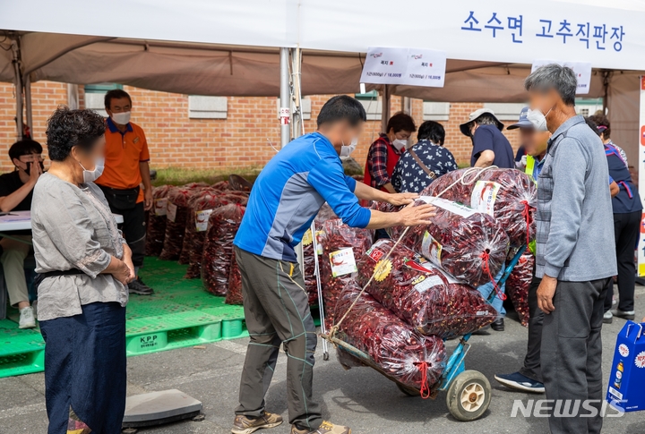 [괴산=뉴시스] 강신욱 기자 = 충북 괴산군의 대표 축제인 2022 괴산고추축제가 1일 괴산유기농엑스포광장에서 개막한 가운데 소비자들이 고추직판장에서 품질 좋은 괴산고추를 구매하고 있다. (사진=괴산군 제공) 2022.09.01. photo@newsis.com *재판매 및 DB 금지