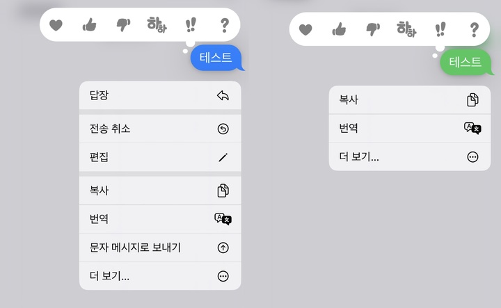 애플은 지난 13일 오전 2시(한국시간) 전용 운영체제(OS)인 'iOS 16'을 공식 출시하고 '메시지 전송 취소' 기능 등을 추가했다. 다만 이같은 기능은 iOS 16 업데이트를 마친 아이폰끼리만 적용되는 것으로 알려졌다. 사진은 아이폰 간 전송한 메시지(왼쪽)과 아이폰에서 갤럭시로 전송한 메시지. (사진=독자 제공) *재판매 및 DB 금지