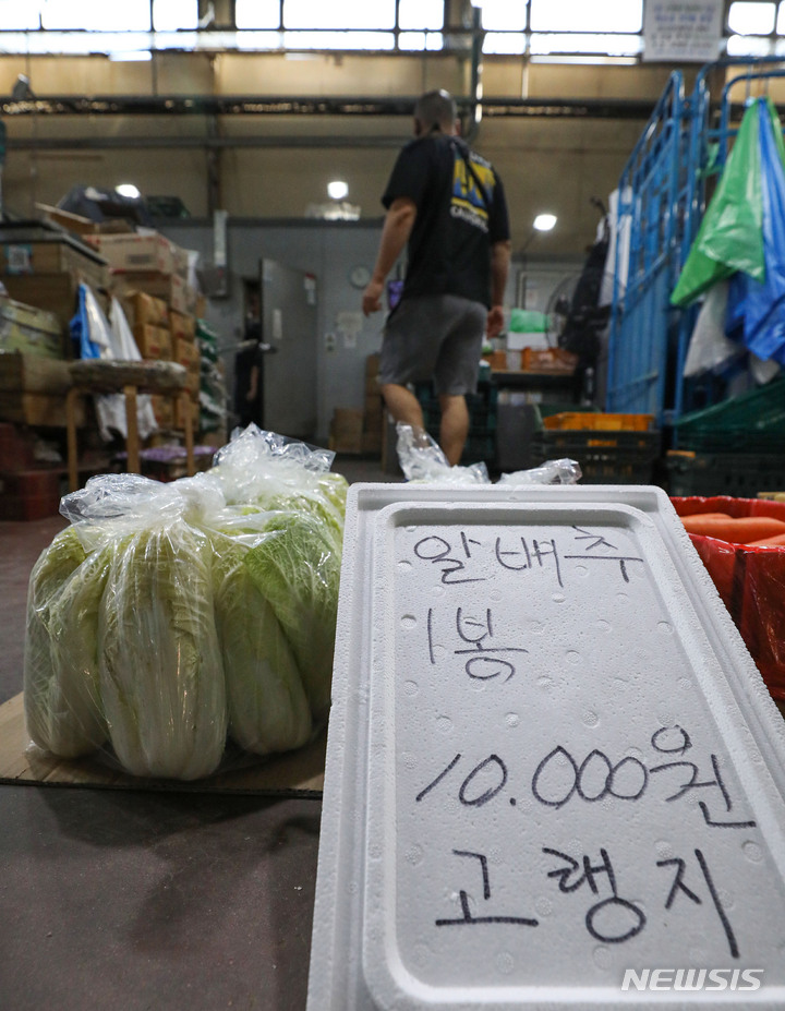 [서울=뉴시스] 권창회 기자 = 배추값이 고공행진 하고 있다. aT 농산물유통정보(KAMIS) 자료를 보면 21일 기준 배추 한 포기 소매가는 9738원으로 1년 전(5683원)보다 71% 올랐다. 사진은 21일 오후 서울 마포구 농수산물 시장에 배추가 진열되어 있는 모습. 2022.09.21. kch0523@newsis.com