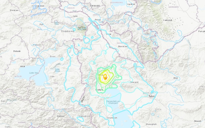 [서울=뉴시스]  미국지질조사국(USGS) 지도를 캡쳐한 사진으로, 5일(현지시간) 규모 5.7 지진이 발생한 이란 북서부 지역. <사진출처: USGS> 2022.10.05 