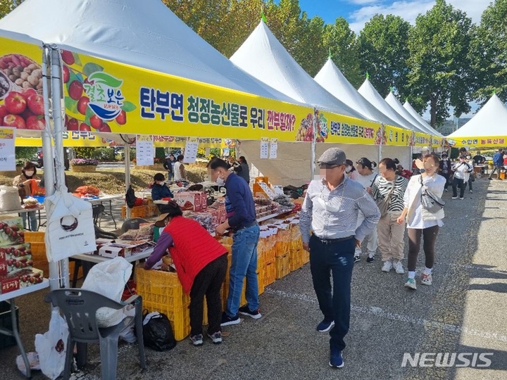 [보은=뉴시스] 안성수 기자 = 주말이자 '보은 대추 온라인축제' 3일째인 16일 관광객들이 결초보은 농특산물 한마당이 열린 군청 대형주차장을 찾았다. 2022.10.16. hugahn@newsis.com