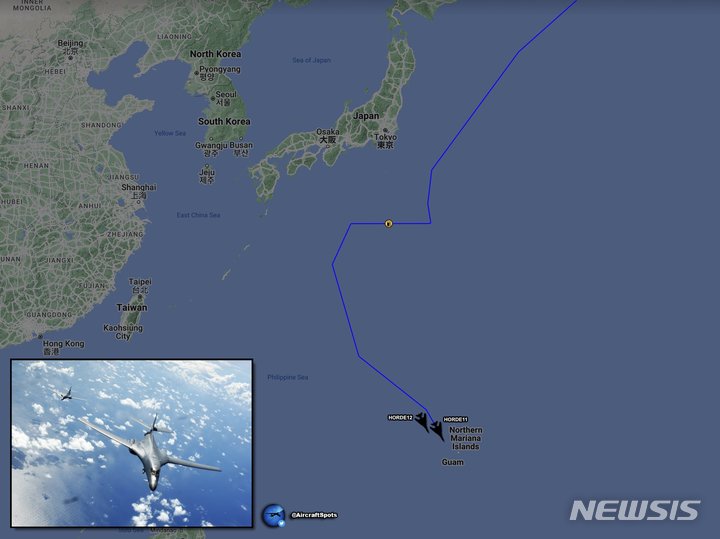 [서울=뉴시스] 괌에 도착한 미 전폭기 B-1B 항공 사진. (사진=에어크래프트스폿 트위터 갈무리) 2022.10.19
