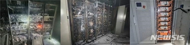 [서울=뉴시스]지난 15일 SK C&C 판교 데이터센터에서 발생한 화재로 불탄 배터리 랙(왼쪽 2개)와 화재 피해를 입지 않은 정상적인 배터리 랙의 모습. (사진=이기인 경기도의원 제공)