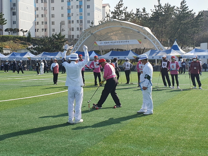 [포항=뉴시스] 강진구 기자 = 경북 포항시는 300만 도민의 화합과 축제의 장인 ‘제32회 경북도민생활체육대축전’이 13일 오후 3일간의 열전을 끝내고 성황리에 막을 내렸다고 밝혔다. 사진은 게이트볼 혼성부 경기.(사진=포항시 제공) 2022.11.13.photo@newsis.com *재판매 및 DB 금지