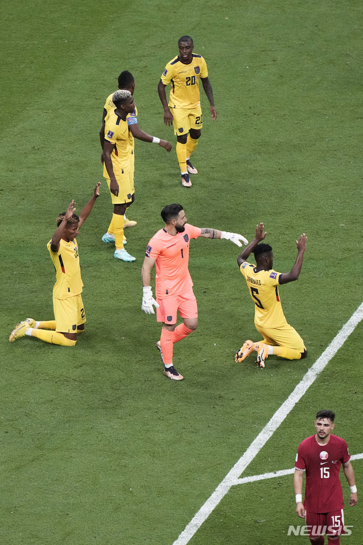 [도하=AP/뉴시스] 20일(현지시간) 카타르 도하 알코르 알바이트 스타디움에서 열린 2022 카타르 월드컵 조별리그 A조 1차전 카타르와 에콰도르의 경기에서 승리한 에콰도르 선수들이 기뻐하고 있다. 2022.11.21.