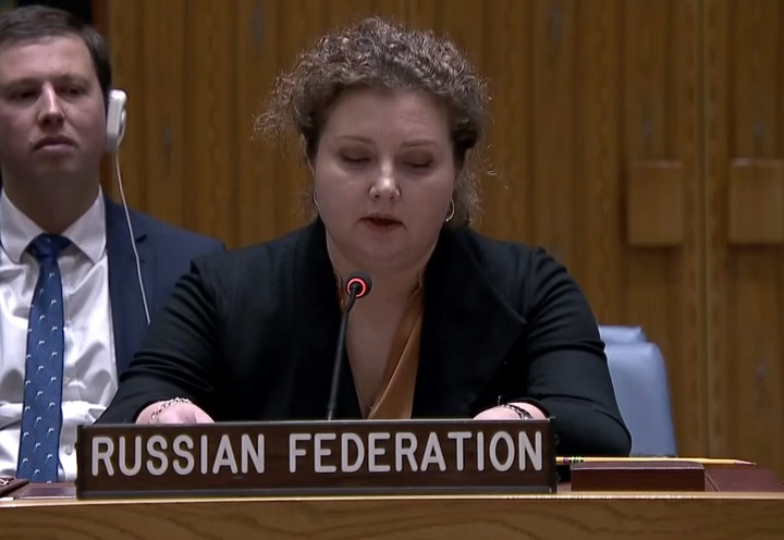 [워싱턴=뉴시스]안나 이브스티그니바 유엔 주재 러시아 대사가 21일(현지시간) 안전보장이사회에서 발언하고 있다. (사진=유엔 웹TV 캡처) 2022.11.21. *재판매 및 DB 금지