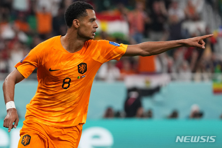 [도하=AP/뉴시스] 네덜란드의 코디 각포가 22일(한국시간) 카타르 도하 알 투마마 스타디움에서 열린 세네갈과 2022 FIFA 카타르 월드컵 A조 1차전에서 선제골을 넣은 뒤 세리머니를 하고 있다. 2022.11.22.