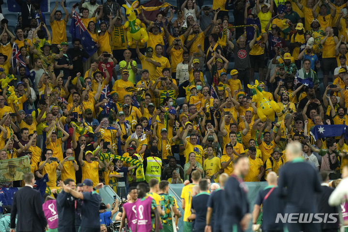 Australia fans celebrate at the end of the World Cup group D soccer match between Australia and Denmark, at the Al Janoub Stadium in Al Wakrah, Qatar, Wednesday, Nov. 30, 2022. (AP Photo/Francisco Seco)