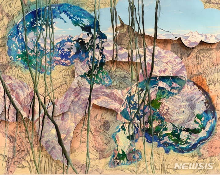 [서울=뉴시스]Pietro Ruffo, Anthropocene 4, 2022, Ink, oil and cutouts on paper laid on canvas, 124.5 x 158.5 cm