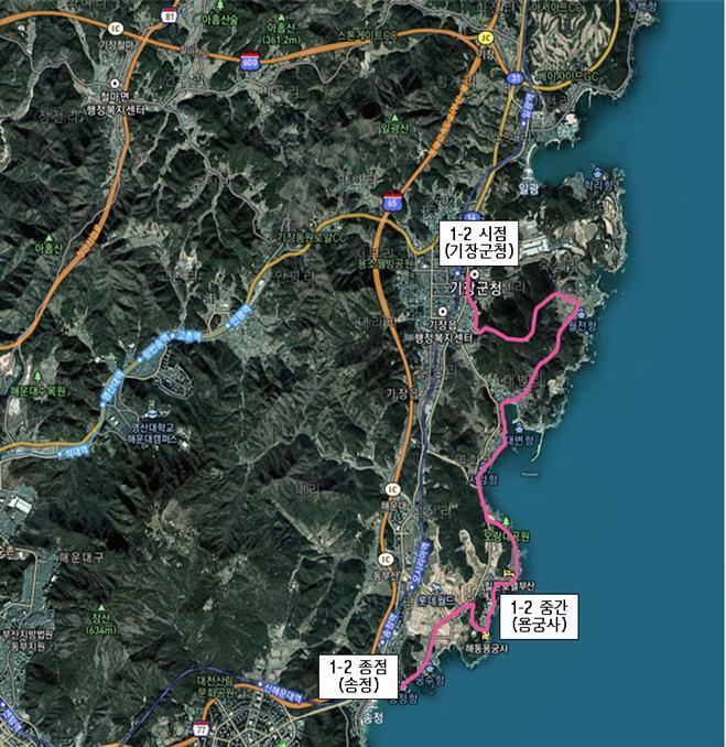 [부산=뉴시스] 부산 갈맷길 1-2 구간이 내년 1월부터 기존 기장군청에서 문탠로드(다소미공원)까지 21.4km 에서 기장군청에서 송정해수욕장까지 14.6km로 줄어든다.(사진=부산시 제공) *재판매 및 DB 금지