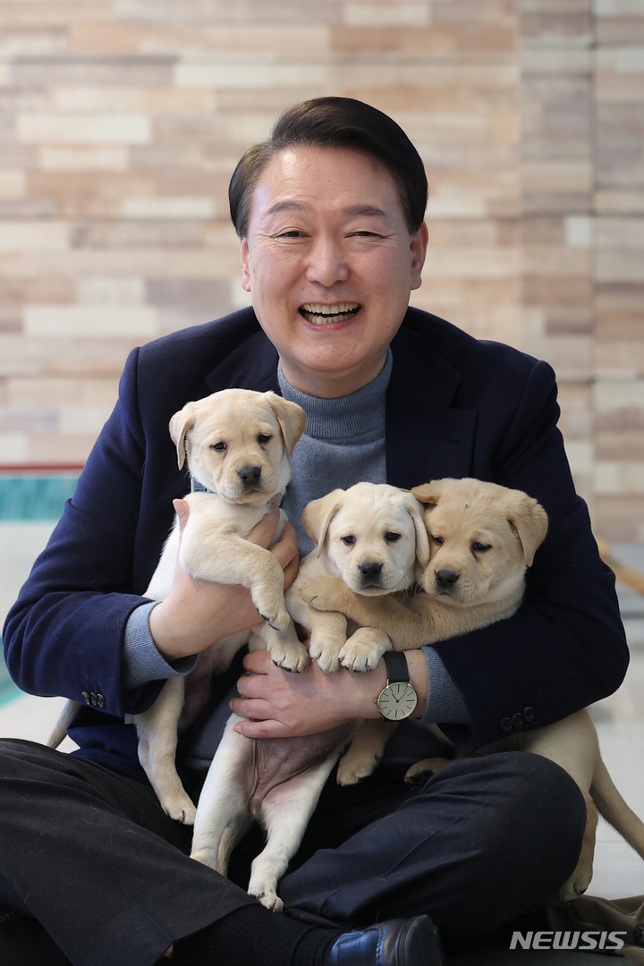 [서울=뉴시스]윤석열 대통령이 24일 경기도 용인 삼성화재 안내견 학교에서 리트리버 강아지들을 안고 함박웃음을 짓고 있다. 대통령실 제공