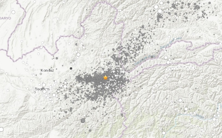 [서울=뉴시스]미국지질조사국(USGS)는 "21일 오후 아프간 북부 주름에서 남동쪽에서 40㎞ 떨어진 곳에서 규모 6.5의 지진이 발생했다”고 밝혔다. 진원 깊이는 187.6㎞다. 진앙이 표시된 지도. <사진출처: USGS> 2023.02.22