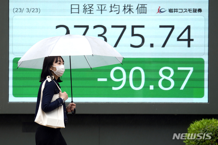 [도쿄=AP/뉴시스]지난 23일 일본 도쿄의 한 증권사의 전자 주식 게시판 앞으로 우산을 쓴 시민이 지나가고 있다. 2023.03.24.