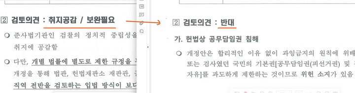 [서울=뉴시스] 뉴시스가 입수한 법무부 국회답변 자료. 21년2월19일 '법무부 검찰청법 검토의견'(왼쪽)과 23년2월14일 검토의견. *재판매 및 DB 금지