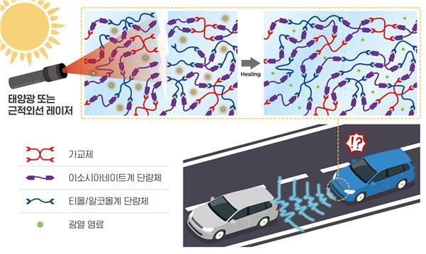 [대전=뉴시스] 고분자 동적 화학결합 구조 및 자율주행차량 센서 표면의 물리적 손상과 신호 왜곡을 회복할 수 있는 렌즈 소재의 자가치유 원리.(사진=화학연구원 제공) *재판매 및 DB 금지