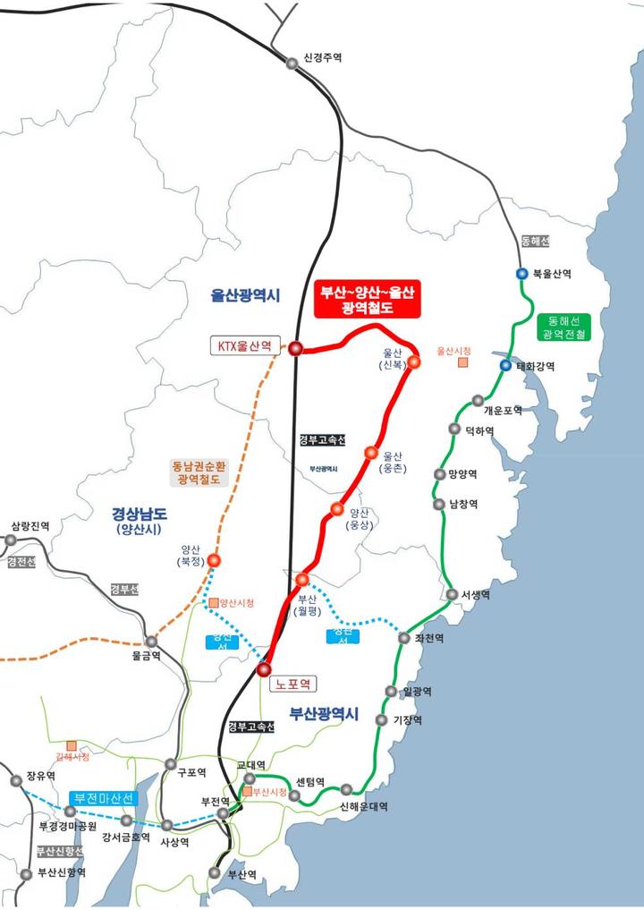 [부산=뉴시스] 9일 오전 기획재정부 재정사업평가위원회에서 예비타당성조사 대상사업으로 선정된 '부산~양산~울산 광역철도' 위치도.(사진=부산시 제공) *재판매 및 DB 금지