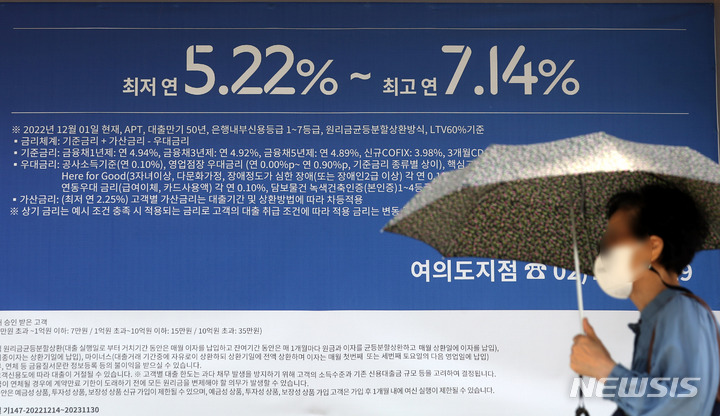 [서울=뉴시스] 조성봉 기자= 은행 대출금리가 1년 반전 수준인 3%대까지 떨어지며 가장 낮은 수준을 보였다. 금융권에 따르면 15일 기준 주택담보대출 혼합형(고정) 금리(은행채 5년물 기준)는 연 3.680~5.796% 수준이다. 사진은 15일 서울 시내의 은행 외벽에 붙여있는 대출금리 안내문. 2023.05.15. suncho21@newsis.com
