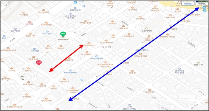 [증평=뉴시스] 골목형상점가 지정 예정구간(빨간색 실선)과 전통시장 구간(파란색 실선) *재판매 및 DB 금지