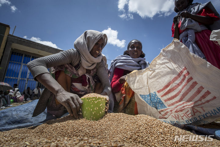 [티그라이(에티오피아)=AP/뉴시스]한 에티오피아 여성이 지난 해 5월8일 에티오피아 북부 티그라이 지역의 아굴라 마을에서 티그라이구호협회가 배급한 밀을 가족들에게 나눠주기 위해 퍼담고 있다. 유엔은 심한 가뭄으로 기아위기에 처한  에티오피아 북부 지역에 대한 식량 지원을 위해 2024년 긴급구호기금 1700만 달러를 방출했다고 2월 26일 발표했다. 2024.02.28.