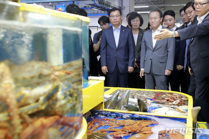 [서울=뉴시스] 최동준 기자 = 윤재옥 국민의힘 원내대표가 23일 서울 가락동 수산시장을 방문해 수산물 설명을 듣고 있다. 2023.06.23. photocdj@newsis.com